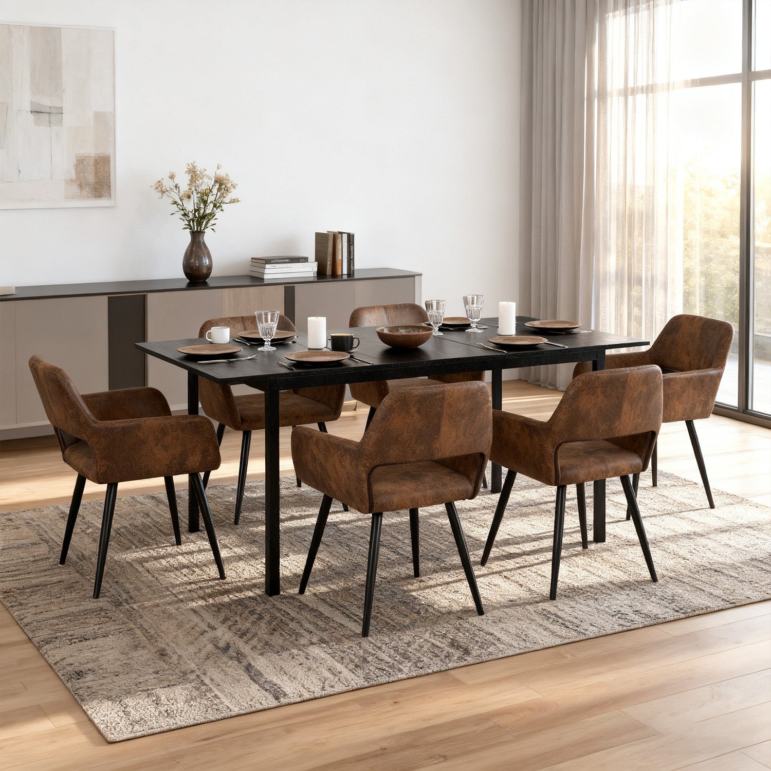 Round Table Table Table Table Timber Ø80 cm with 4 black velvet chairs, modern and comfortable style