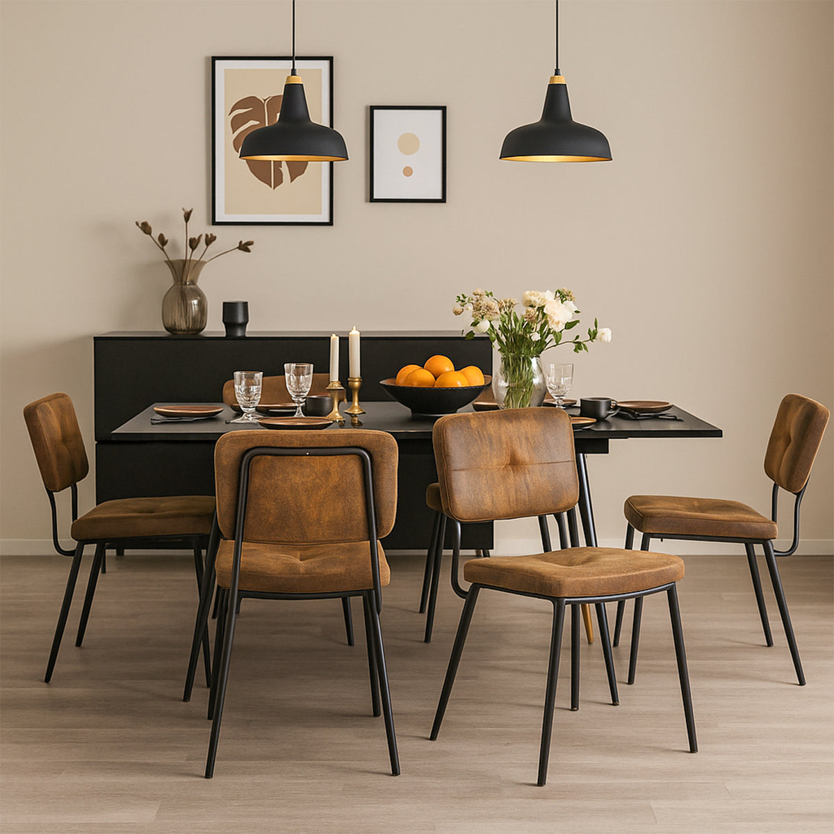 Round Table Table Table Table Timber Ø80 cm with 4 black velvet chairs, modern and comfortable style