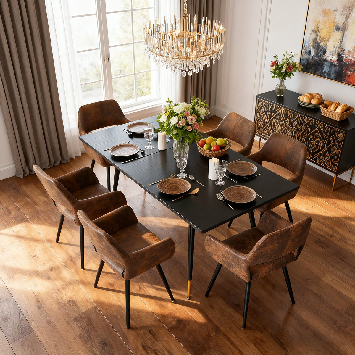 Ensemble de salle à manger comprenant une table extensible et 6 chaises avec accoudoirs en suédine marron