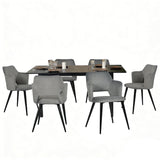Ensemble table à manger extensible noire et 6 fauteuils en tissu gris de style scandinave