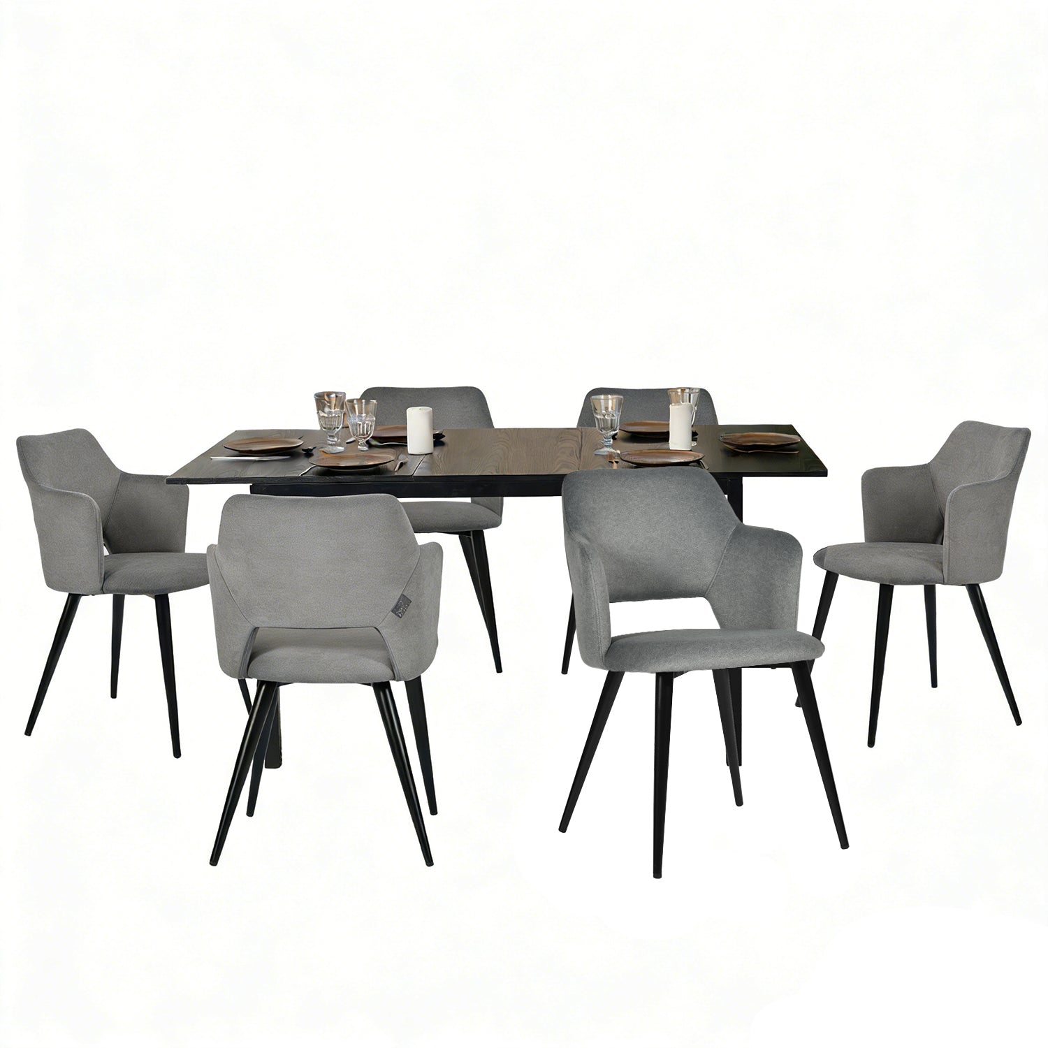 Ensemble table à manger extensible noire et 6 fauteuils en tissu gris de style scandinave