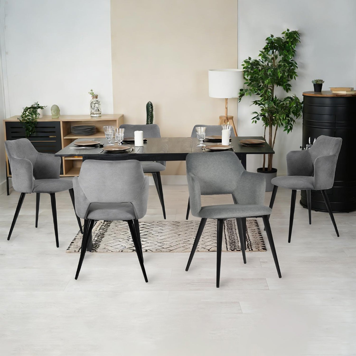 Ensemble table à manger extensible noire et 6 fauteuils en tissu gris de style scandinave