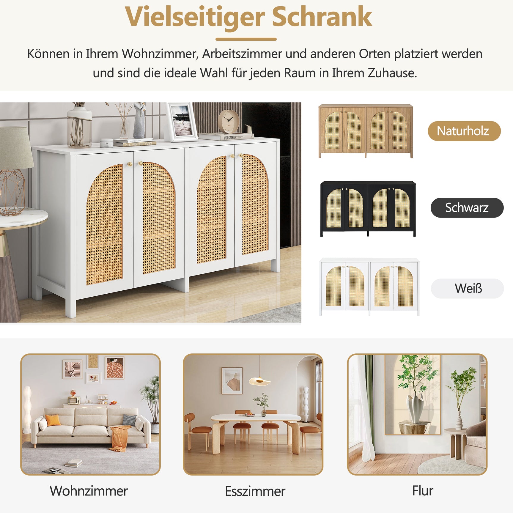 Modernes weißes Buffet in MDF mit 4 Pe -Rattan -Türen und Metallgriffen