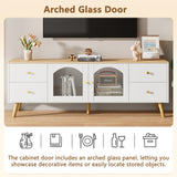 Meuble TV avec 4 tiroirs et 2 portes vitrées en verre trempé, design moderne blanc et bois naturel