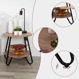 Table d'appoint ronde à 2 niveaux style industriel en métal noir et bois imitation chêne - KONYA TARRANT