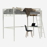 Lit mezzanine 2 places en métal blanc avec bureau intégré, couchage de 140x190cm (matelas non inclus) - LIONEL