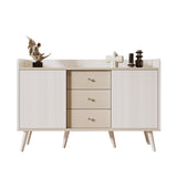 Modern white and wood buffet with 3 drawers and sliding doors with slats