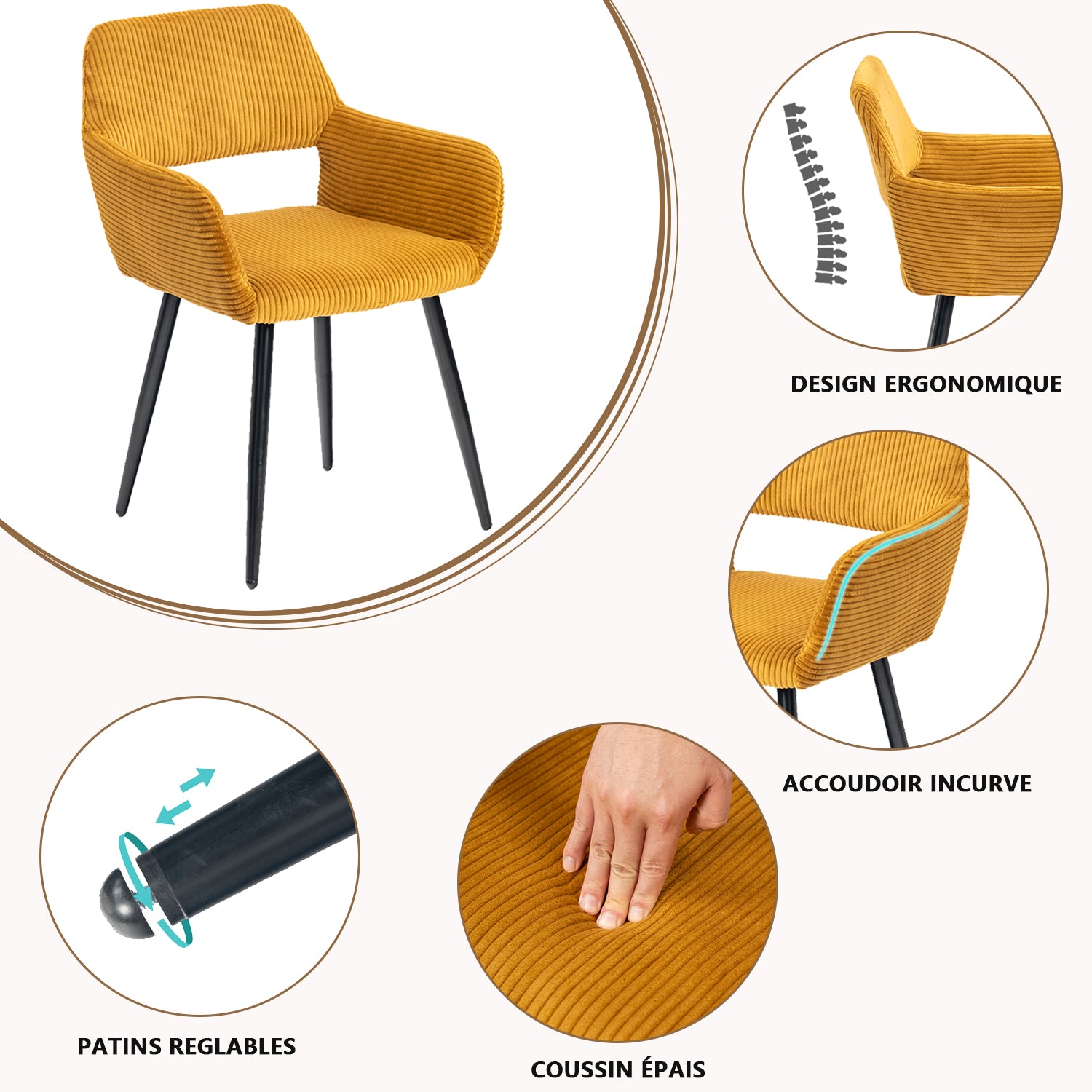 Set of 6 Scandinavian dining room armchairs with Safran yellow velvet armrests - Cromwell Corduroy