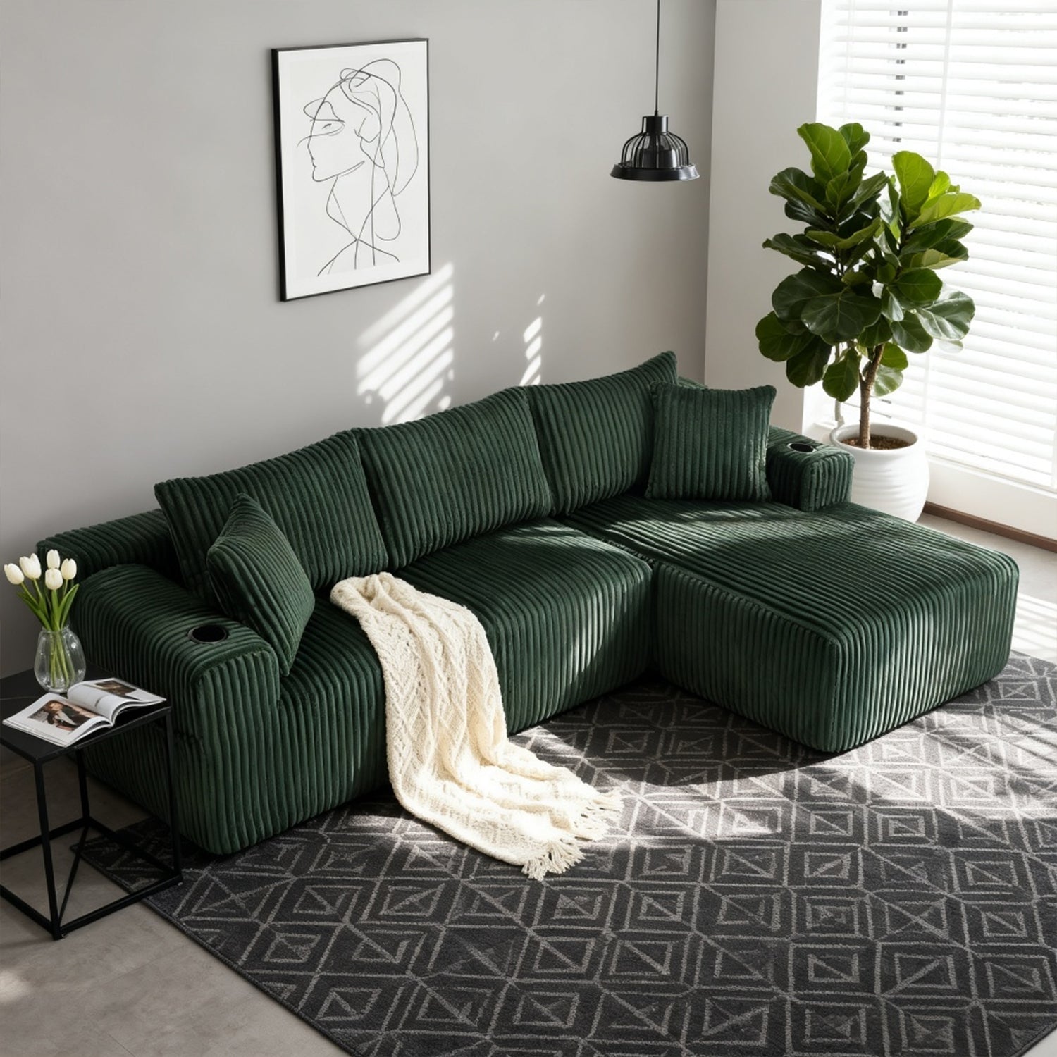 Ensemble canapé avec coussins, poches latérales et porte-gobelets en velours côtelé doux pour salon, vert
