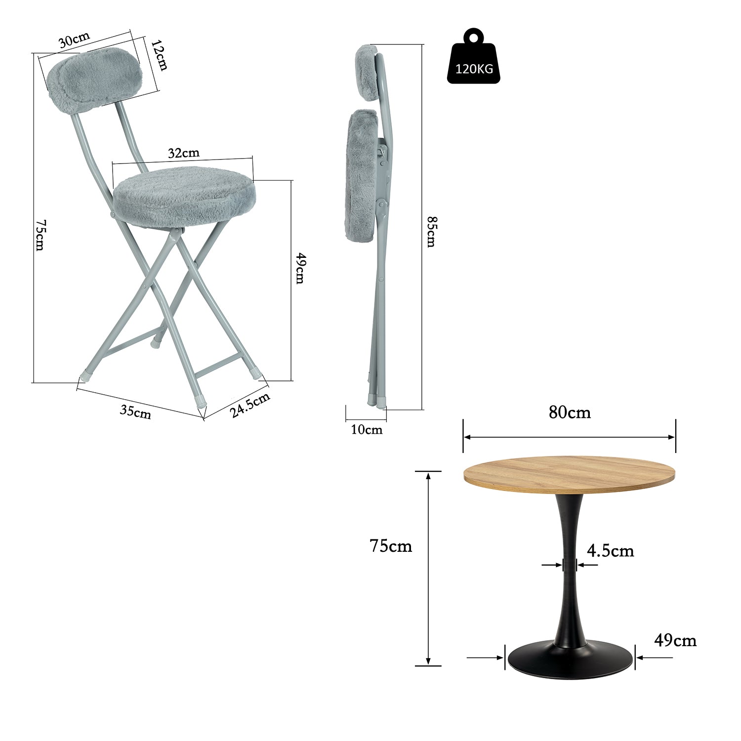 Round Table Table Table Table Timber Ø80 cm with 4 black velvet chairs, modern and comfortable style