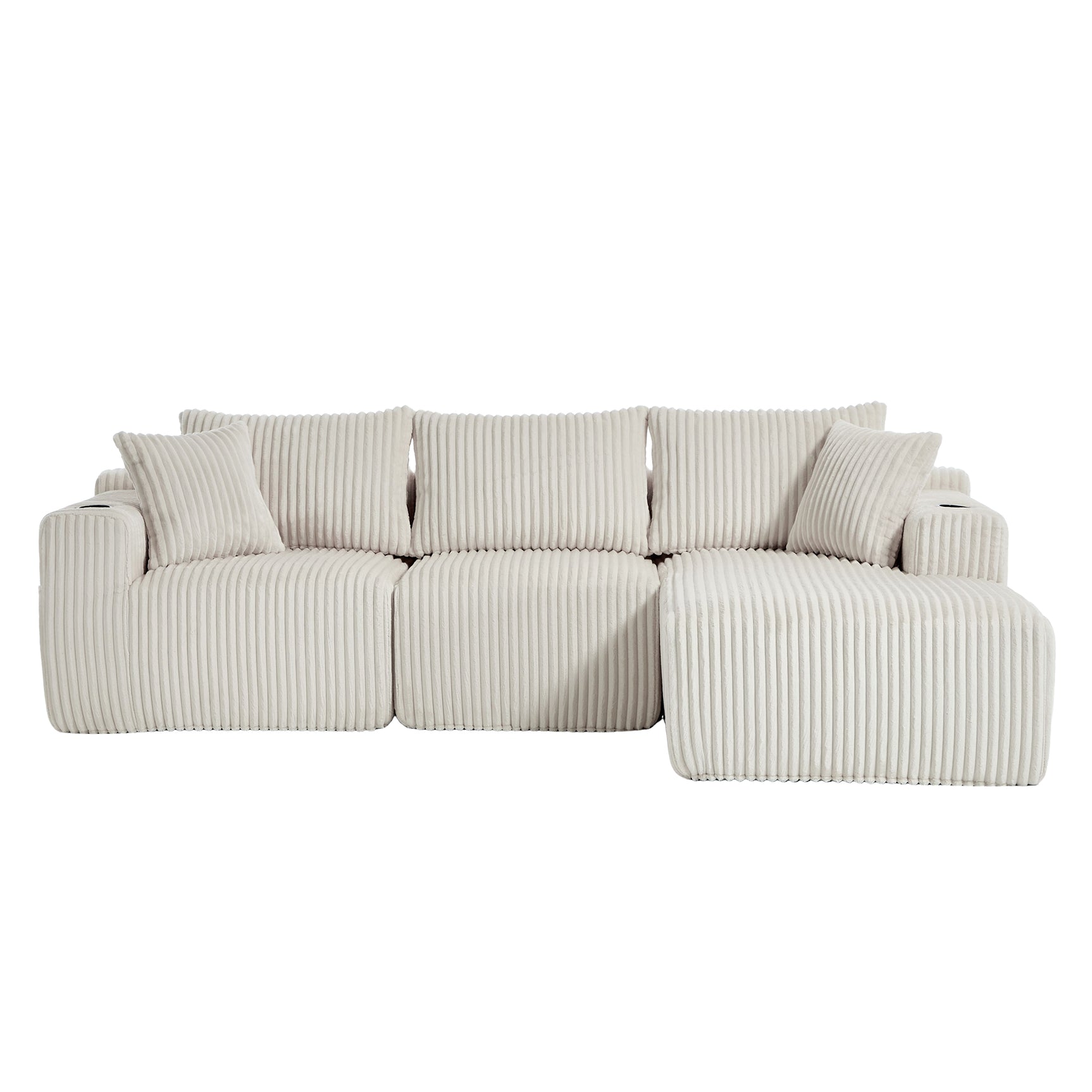 Ensemble canapé avec coussins, poches latérales et porte-gobelets en velours côtelé doux pour salon, blanc