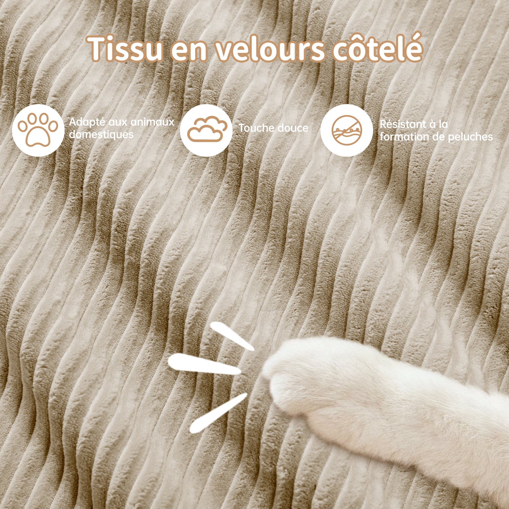 Ensemble de canapés avec accoudoirs incurvés et base antidérapante en tissu velours côtelé doux pour le salon, beige,siège 3