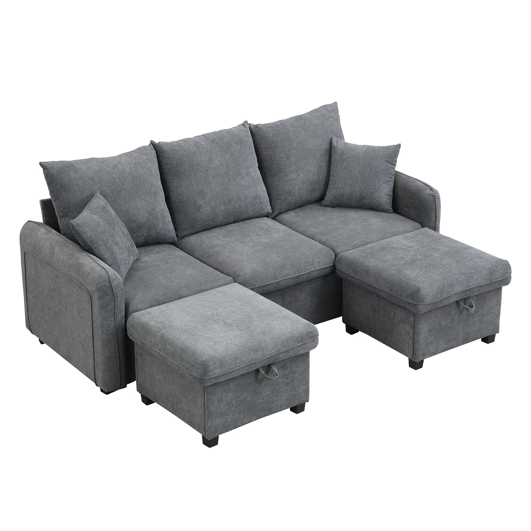 Canapé d'angle 3 places gris en forme de U avec rangement, canapé modulaire multifonction en chenille