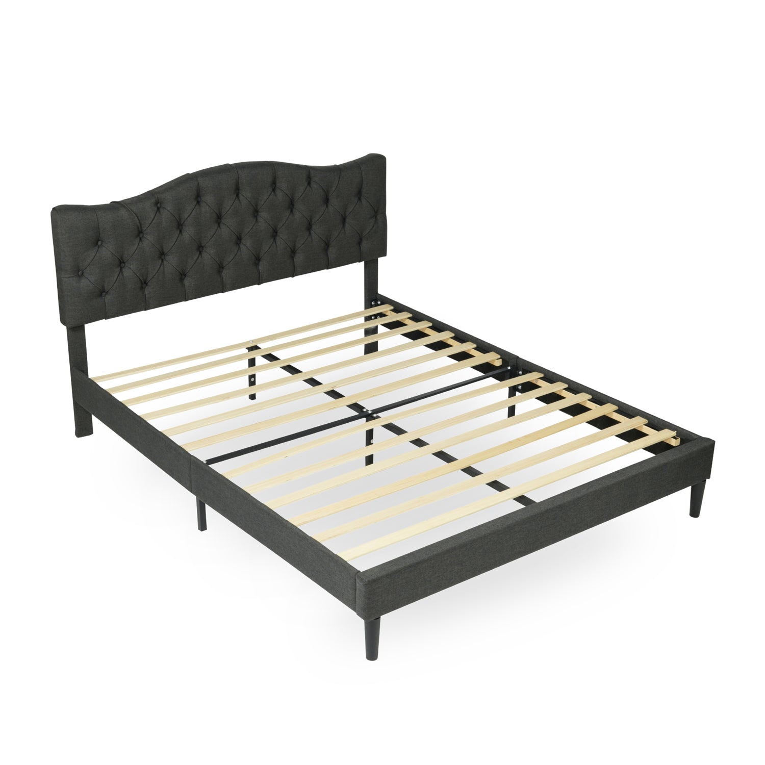 Lit double (160 x 200cm) avec tête de lit capitonnée en tissu gris (matelas non inclus) - LEON