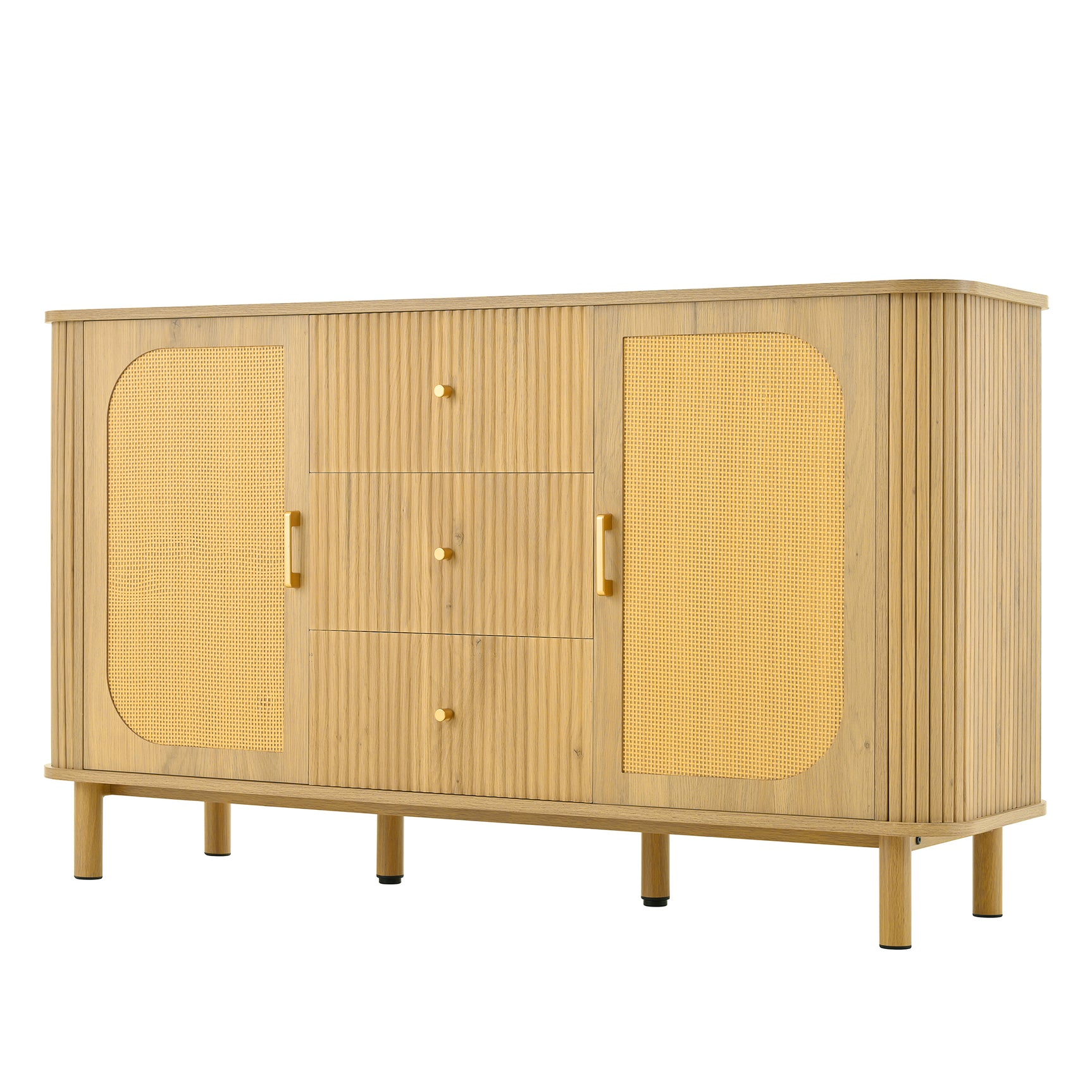 Sideboard Moderne à Rattan et Métal Meuble de Salon avec Schublades Onde 3D et Portes Halbovales Optique de Bois