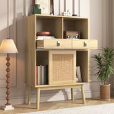 Hohes Sideboard aus Holz im modernen Stil mit Türen aus natürlichem Rattan, 2 Schubladen und 2 offenen Nischen – 80 x 39,5 x 120 cm