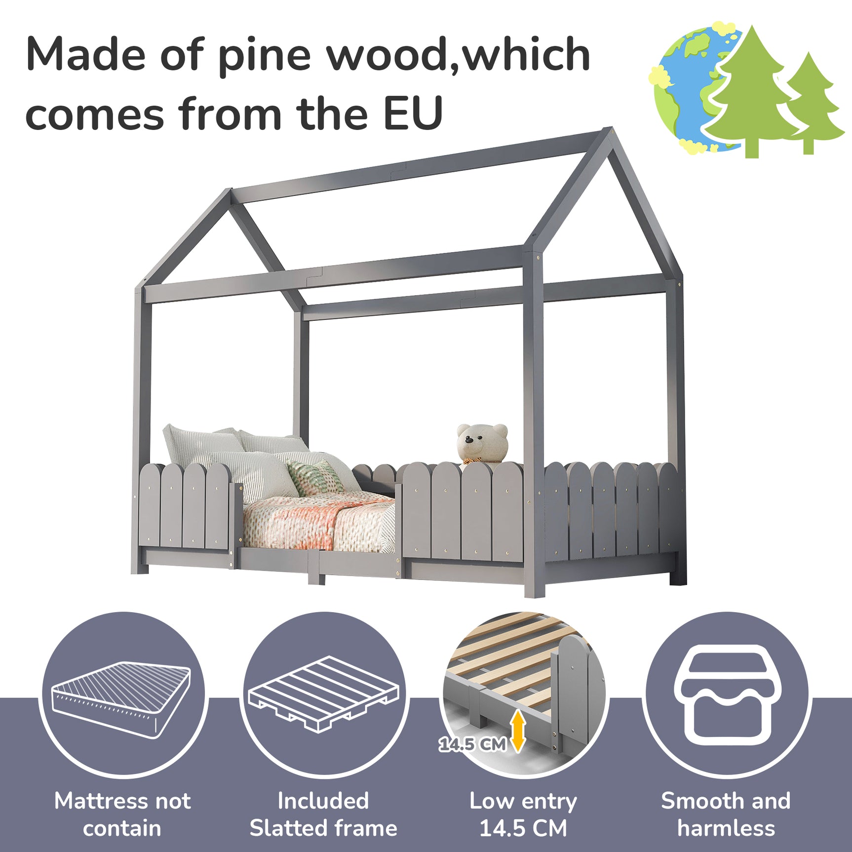 Lit cabane enfant 90x200 cm gris en bois massif avec barrières de sécurité et sommier à lattes (sans matelas)