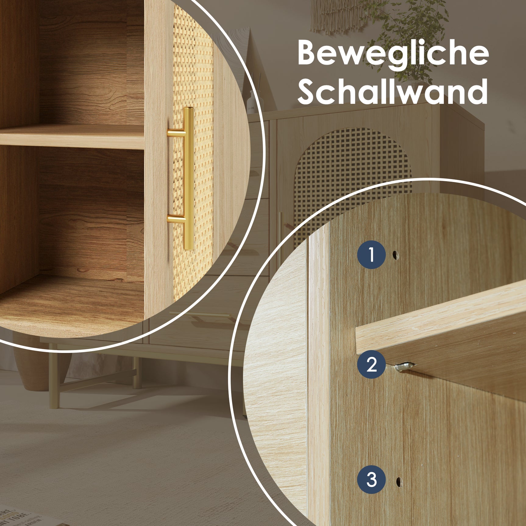 Oak caning buffet with 3 drawers, 2 doors, adjustable shelves and anti-breeching device-120 × 40 × 74 cm