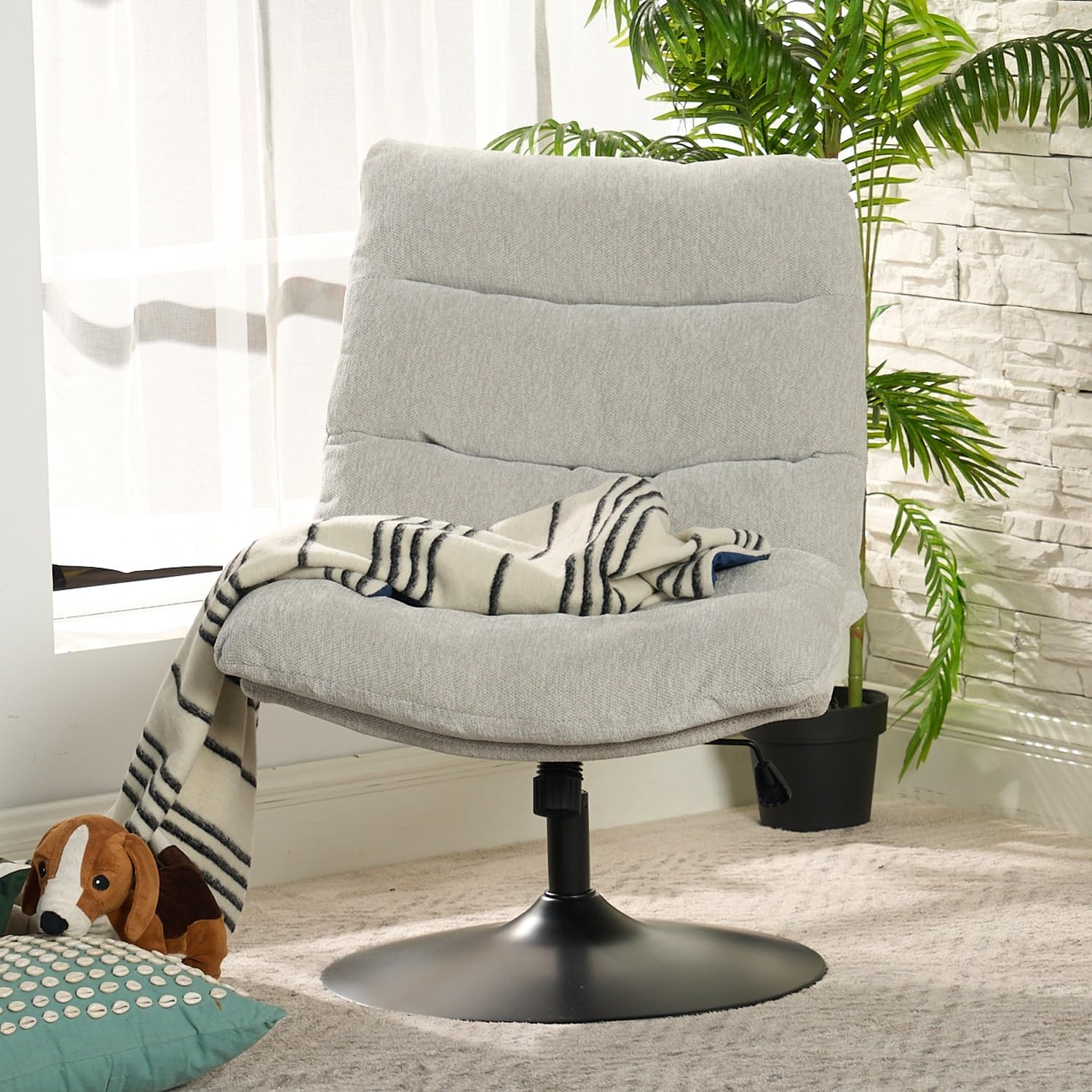 Fauteuil de loisirs réglable en tissu chenille gris pivotant à 360° - LAMBERY