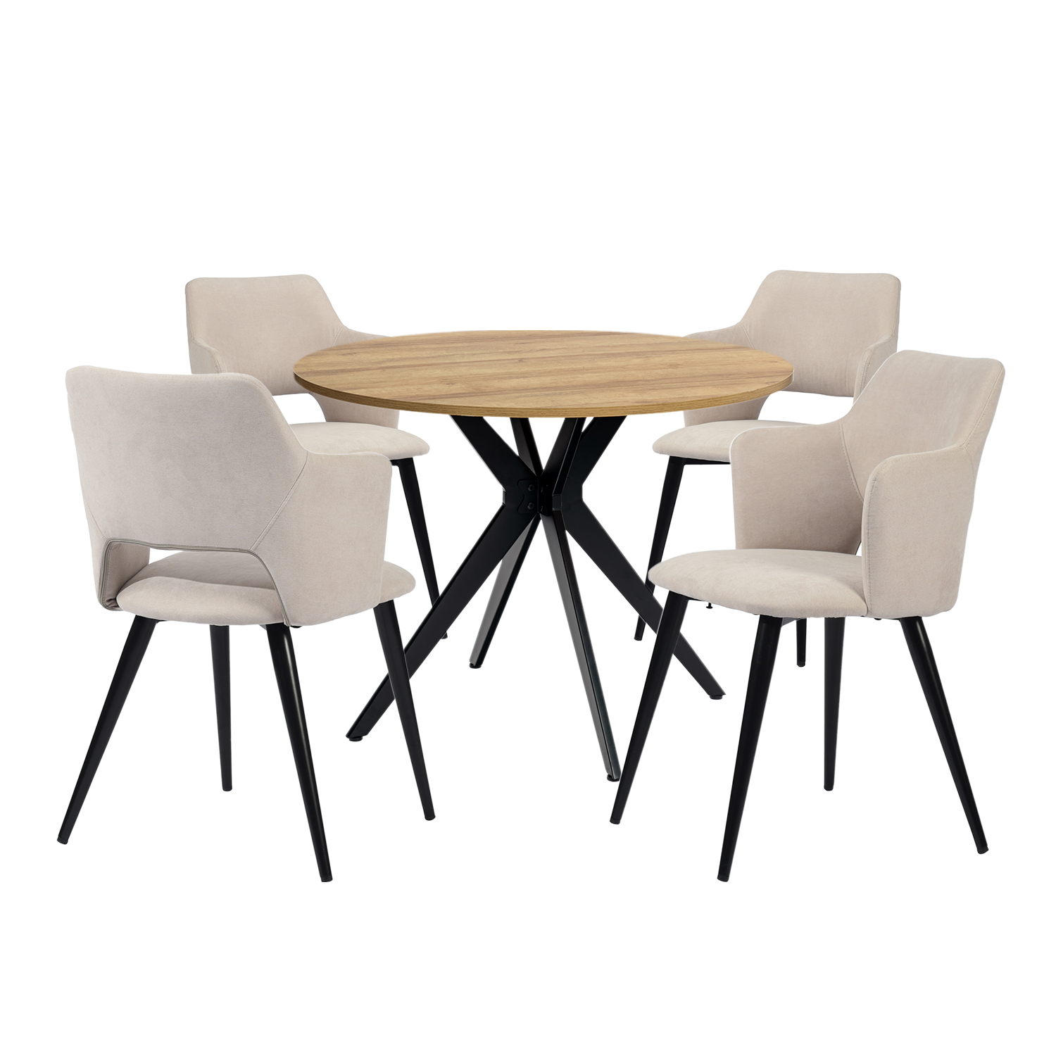 Round Table Table Table Table Timber Ø80 cm with 4 black velvet chairs, modern and comfortable style