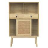 Hohes Sideboard aus Holz im modernen Stil mit Türen aus natürlichem Rattan, 2 Schubladen und 2 offenen Nischen – 80 x 39,5 x 120 cm