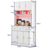 Buffet de cuisine multifonction 100x40x180 cm en MDF blanc avec LED télécommandées, prises électriques, ports USB, tiroirs et étagères réglables
