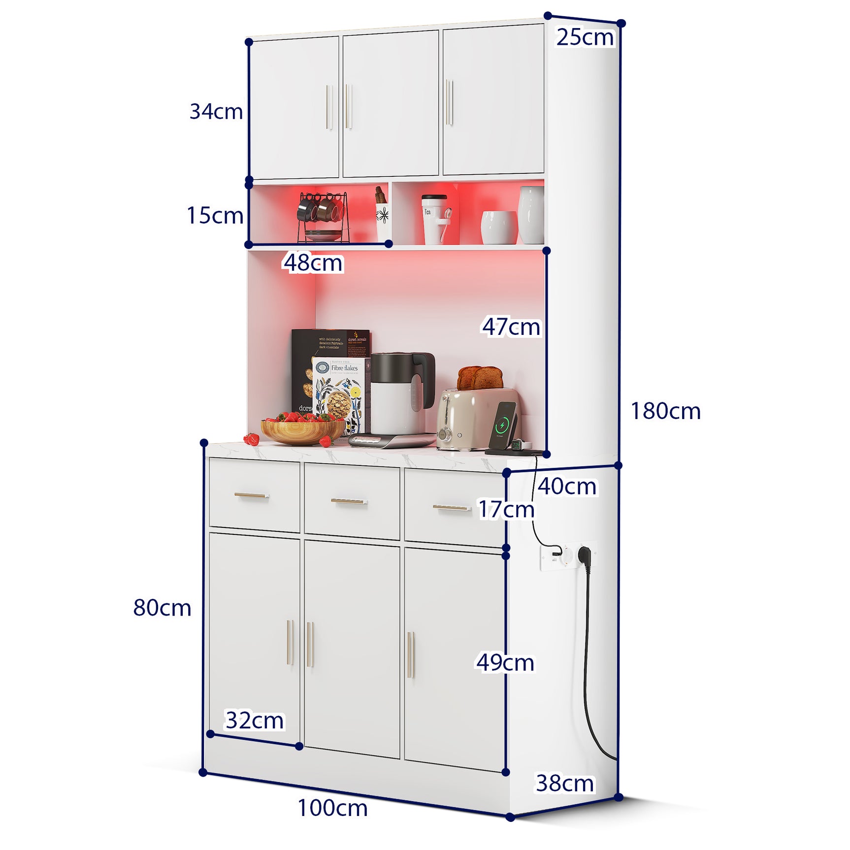 Buffet de cuisine multifonction 100x40x180 cm en MDF blanc avec LED télécommandées, prises électriques, ports USB, tiroirs et étagères réglables