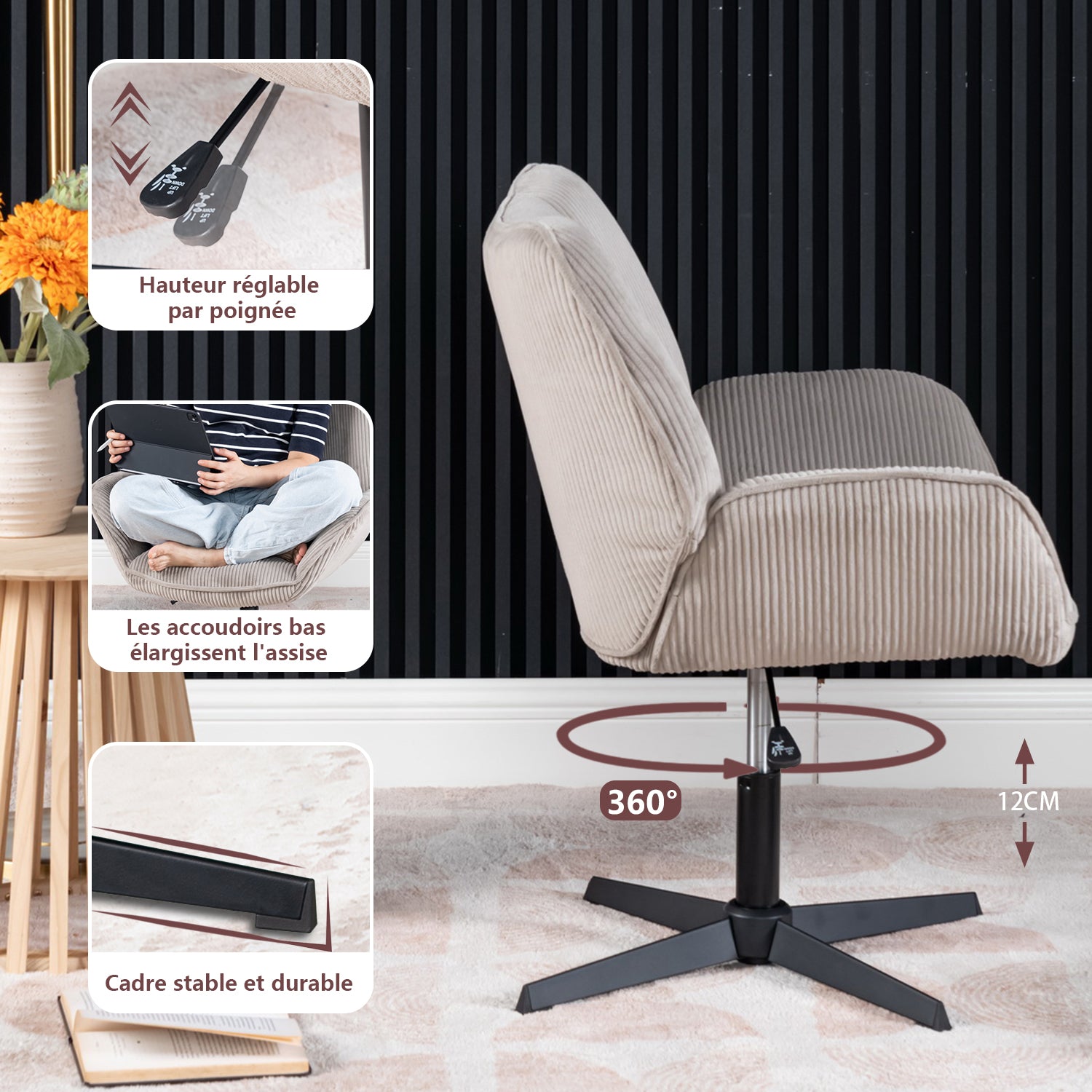 Swivel adjustable leisure chair with gray velvet armrests - Durothil