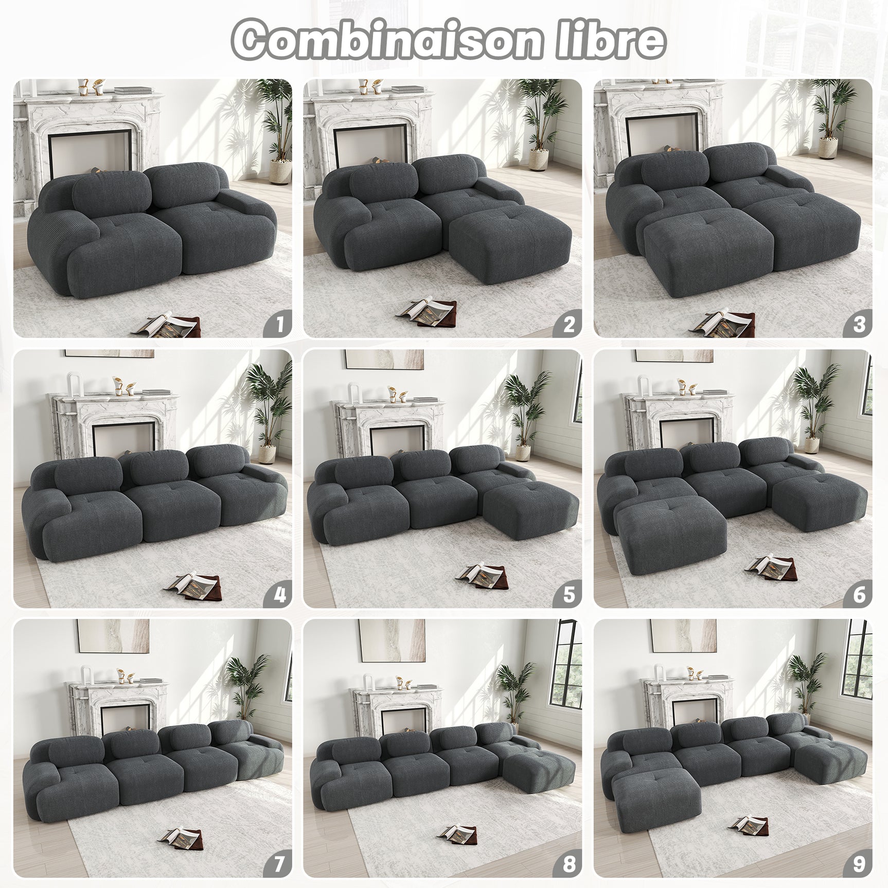 2-seater sofa bed in dark gray fabric with side pockets, modern convertible sofa