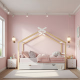 Lit cabane enfant 90x200 cm blanc et bois en bois massif avec sommier à lattes et 2 tiroirs de rangement (sans matelas)