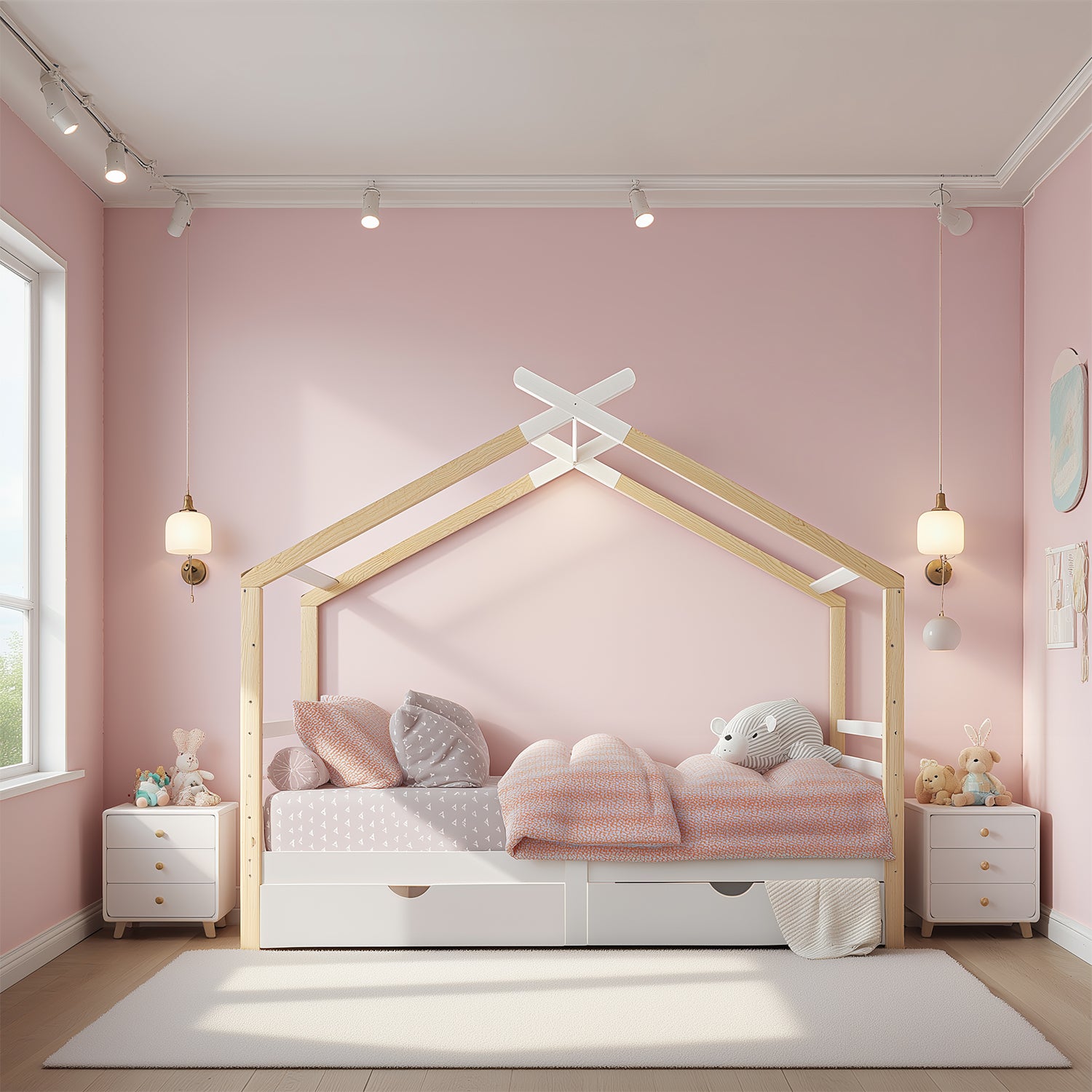 Lit cabane enfant 90x200 cm blanc et bois en bois massif avec sommier à lattes et 2 tiroirs de rangement (sans matelas)