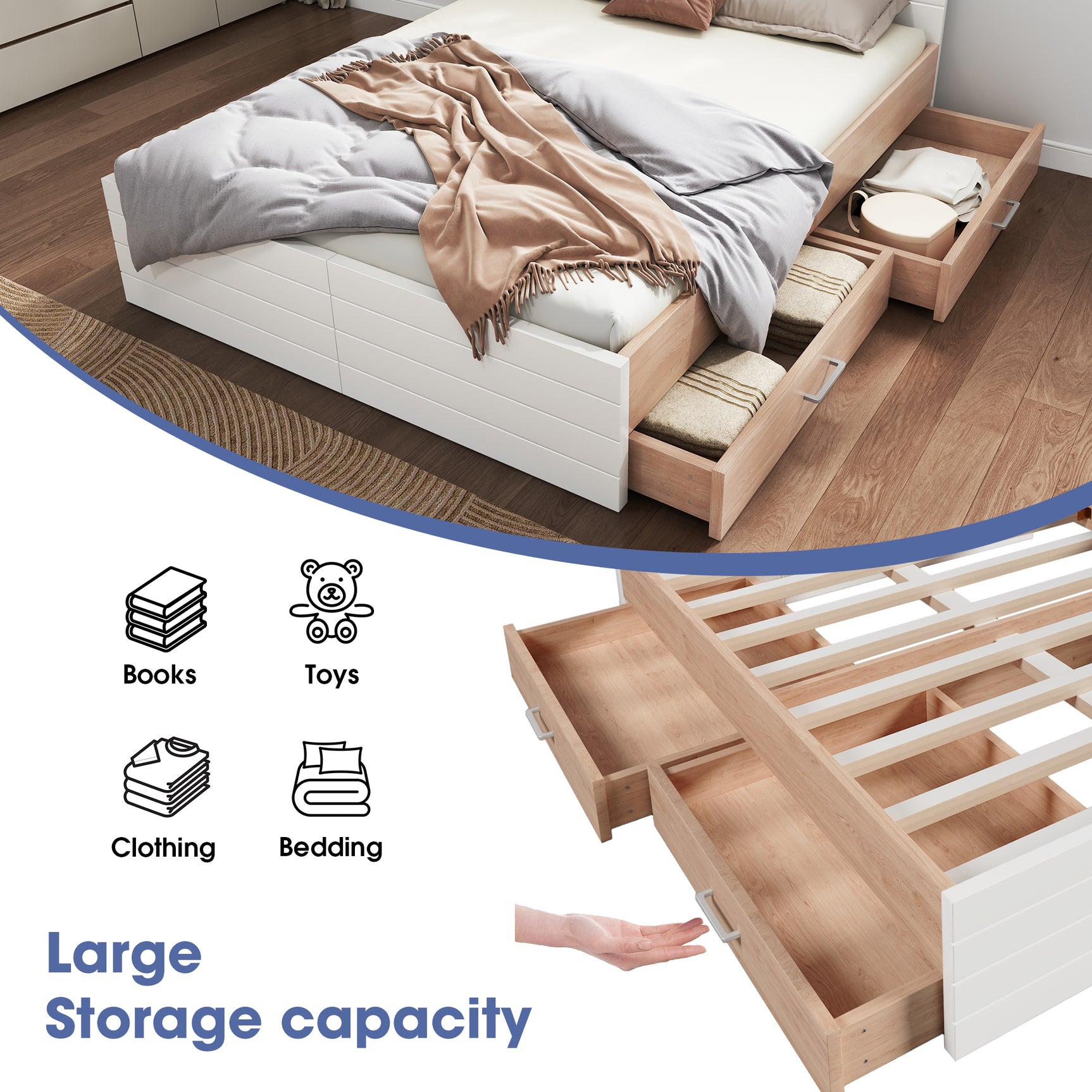 Lit double 140x200 cm en bois avec sommier à lattes et 2 tiroirs de rangement (sans matelas)