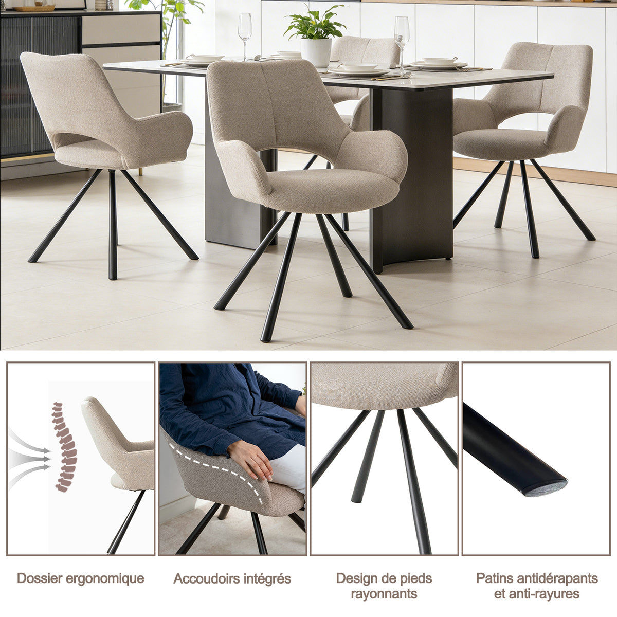 Ensemble de salle à manger comprenant une table extensible et 4 fauteuil en tissu beige