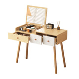 Coiffeuse en bois avec miroir rabattable, 3 tiroirs de rangement et design naturel blanc â€?100x40x78 cm