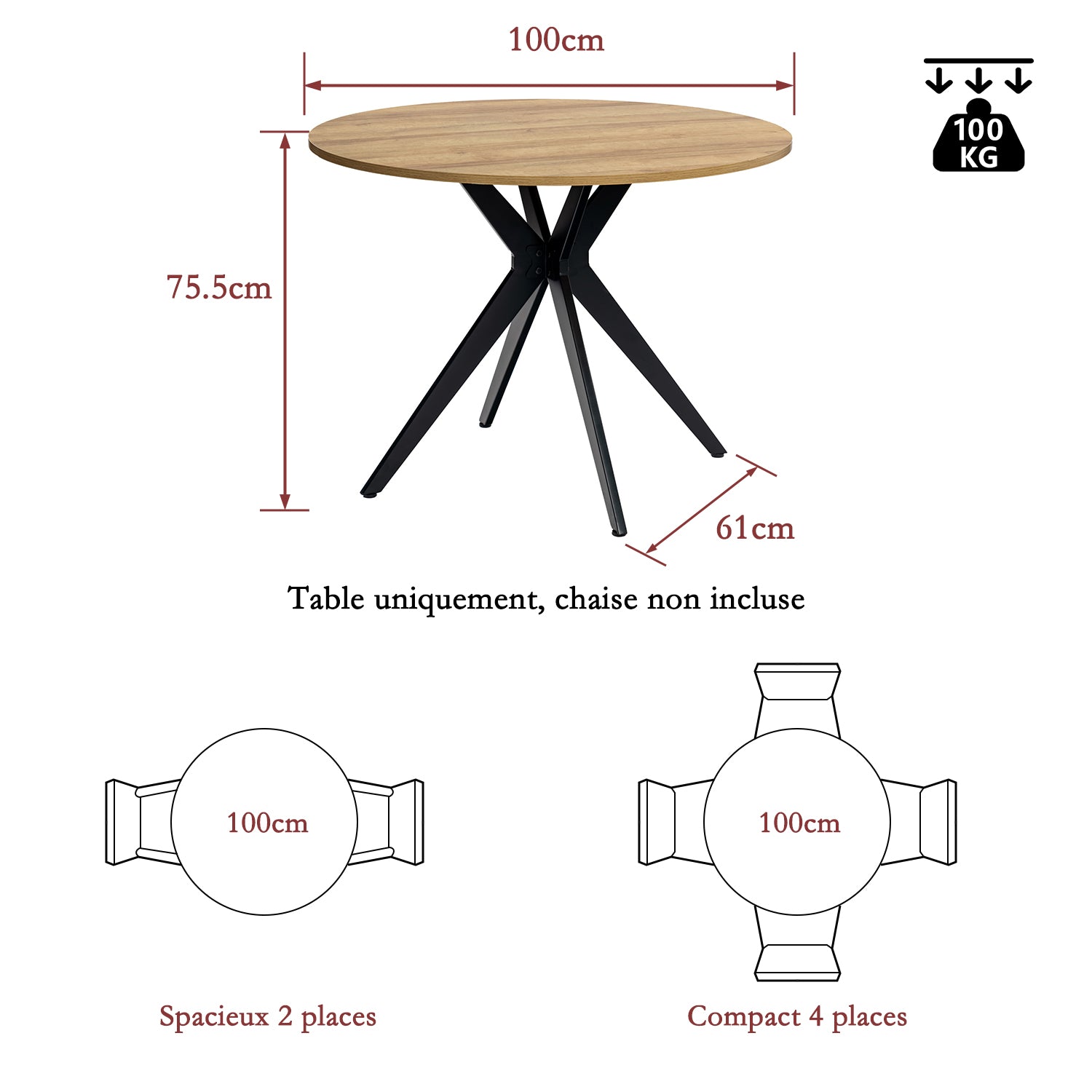 Round Table Table Table Table Timber Ø80 cm with 4 black velvet chairs, modern and comfortable style