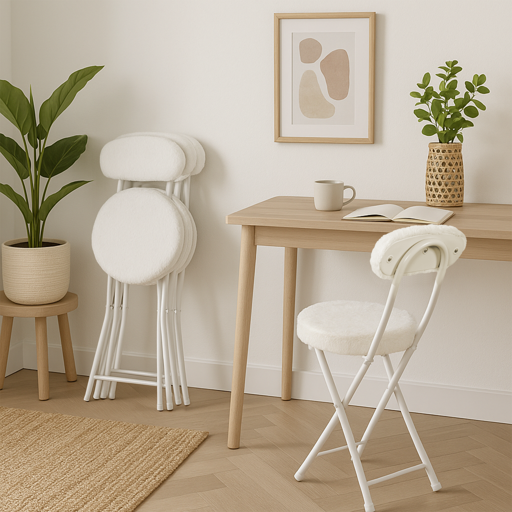Lot de 4 chaises/tabourets pliantes, assise ronde en tissu effet fausse fourrure blanche - ERNST