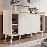 Modern white and wood buffet with 3 drawers and sliding doors with slats