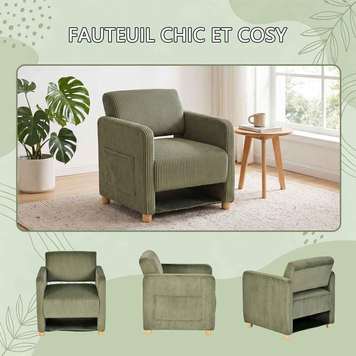 Lounge armchair with armrests in beige corduroy - DOMCO