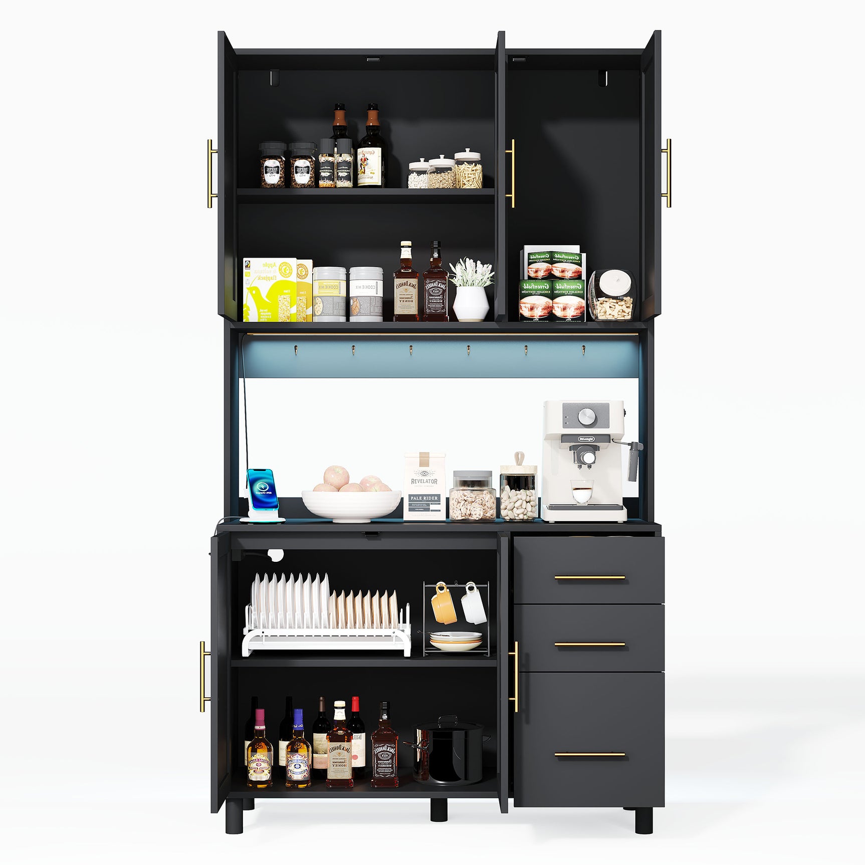 Buffet de cuisine 183 cm avec éclairage LED contrôlé par application, 2 ports USB, 2 prises, 3 tiroirs, étagères réglables et poignées dorées â€?idéal pour cuisine et salle à manger