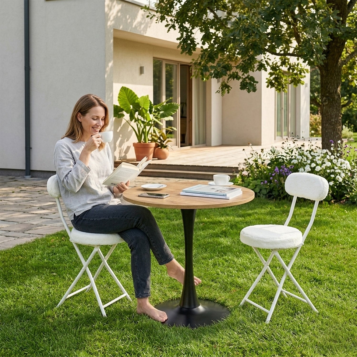 Round Table Table Table Table Timber Ø80 cm with 4 black velvet chairs, modern and comfortable style