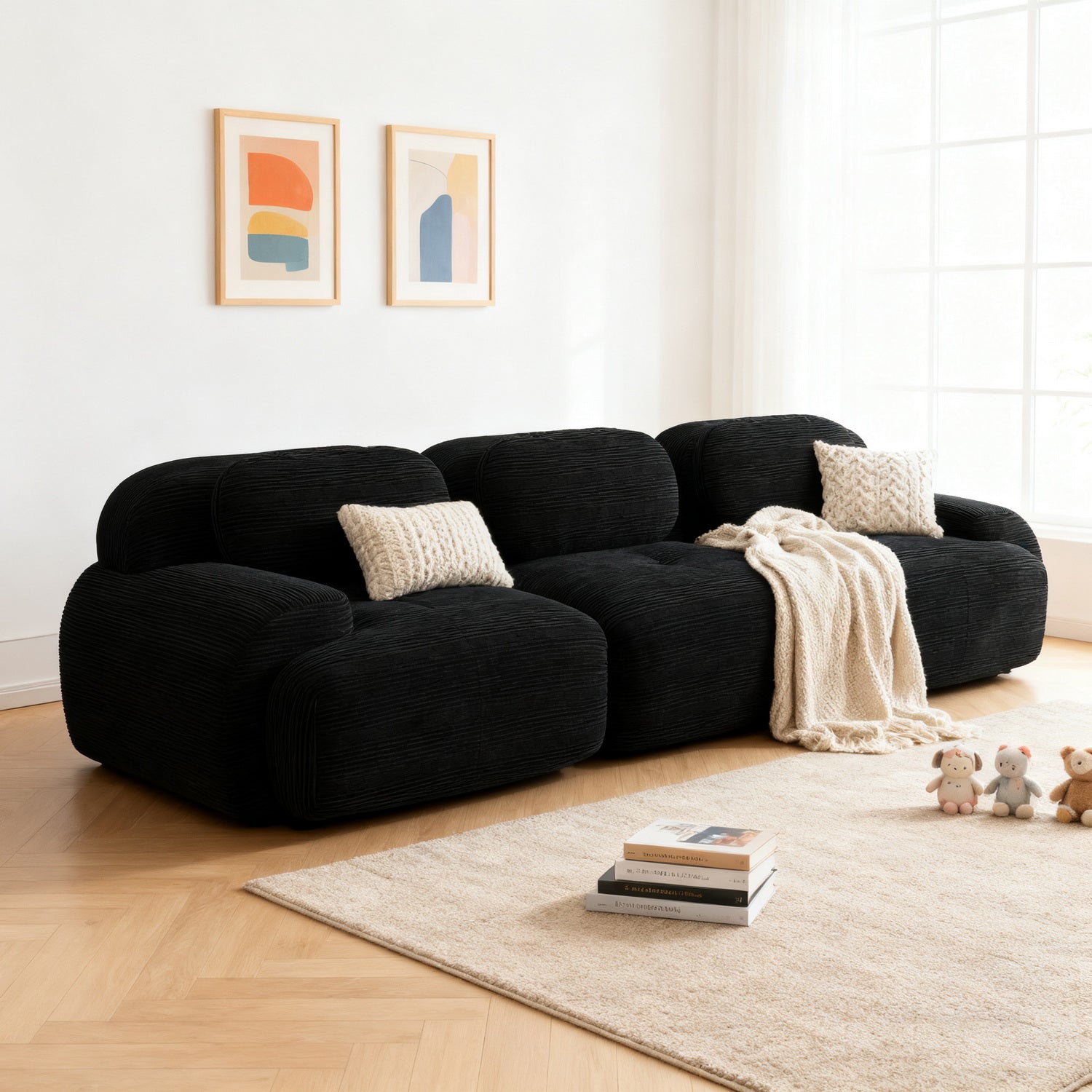 2-seater sofa bed in dark gray fabric with side pockets, modern convertible sofa