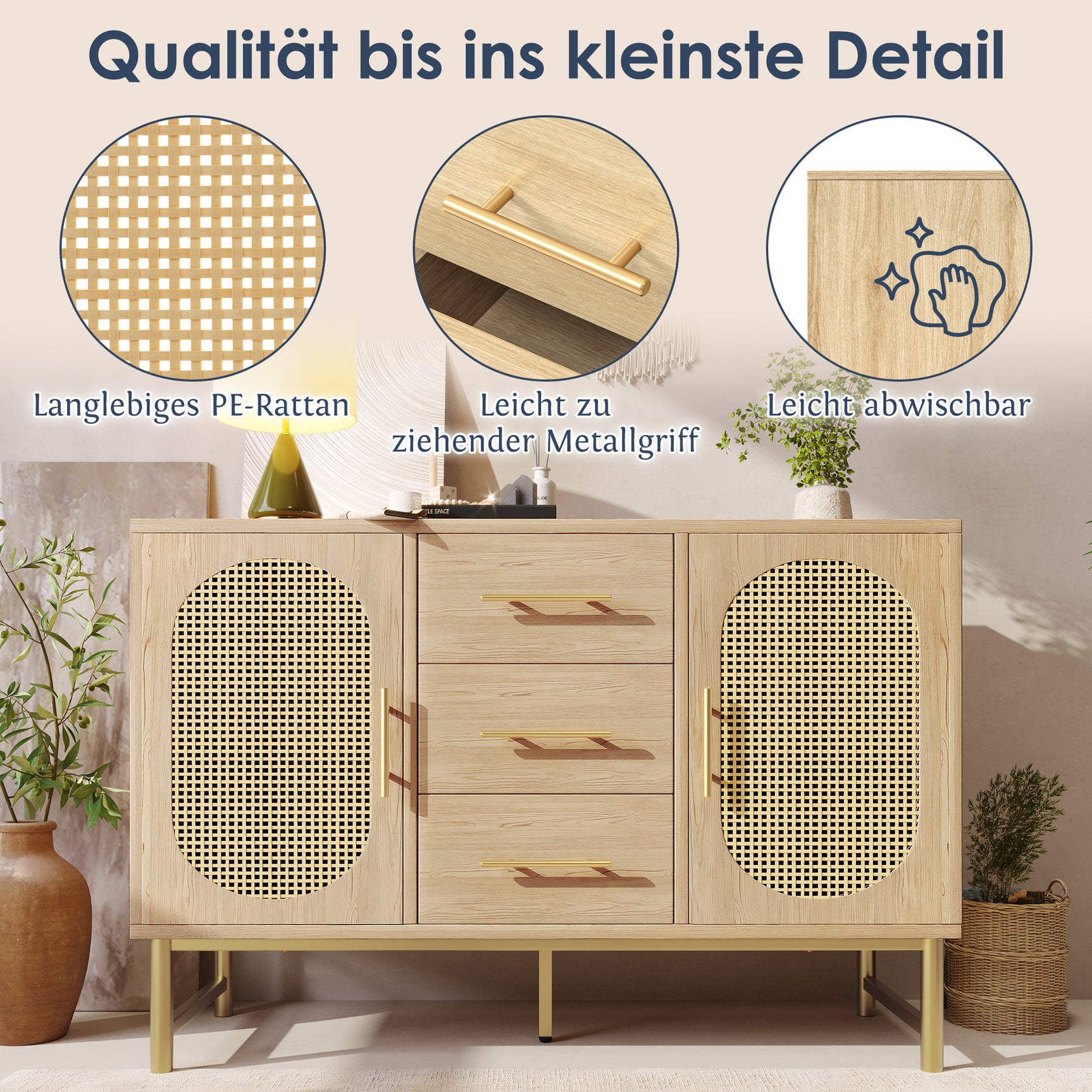 Oak caning buffet with 3 drawers, 2 doors, adjustable shelves and anti-breeching device-120 × 40 × 74 cm