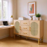 Oak caning buffet with 3 drawers, 2 doors, adjustable shelves and anti-breeching device-120 × 40 × 74 cm