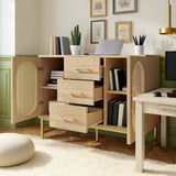 Oak caning buffet with 3 drawers, 2 doors, adjustable shelves and anti-breeching device-120 × 40 × 74 cm