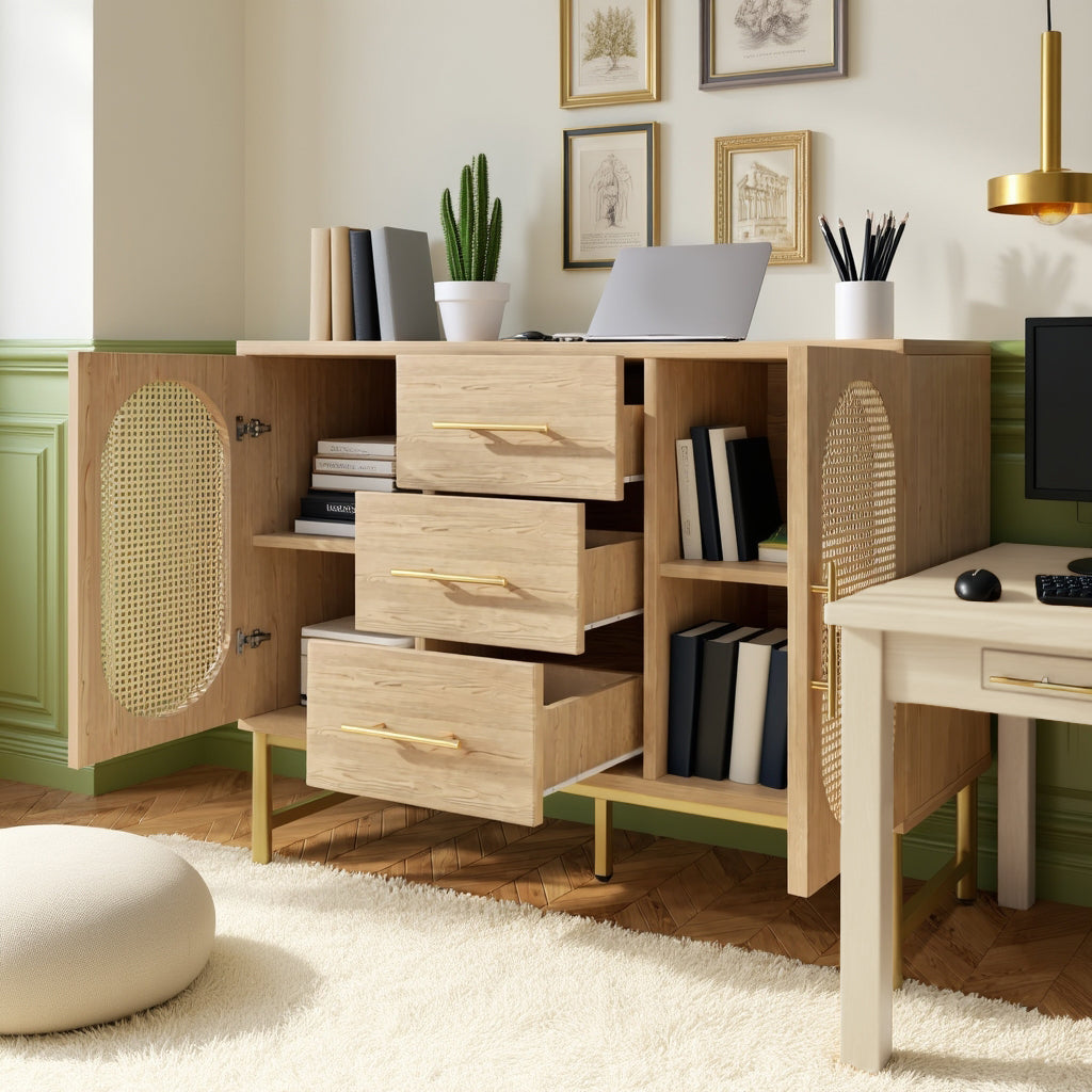 Oak caning buffet with 3 drawers, 2 doors, adjustable shelves and anti-breeching device-120 × 40 × 74 cm