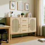 Oak caning buffet with 3 drawers, 2 doors, adjustable shelves and anti-breeching device-120 × 40 × 74 cm