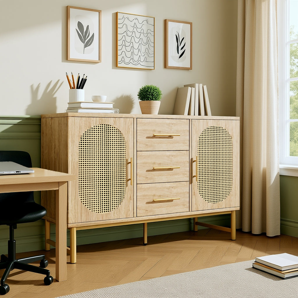 Oak caning buffet with 3 drawers, 2 doors, adjustable shelves and anti-breeching device-120 × 40 × 74 cm