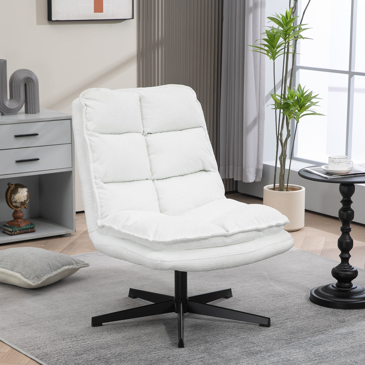 Foldable leisure armchair without armrests in white fabric, 360° swivel - AESTON