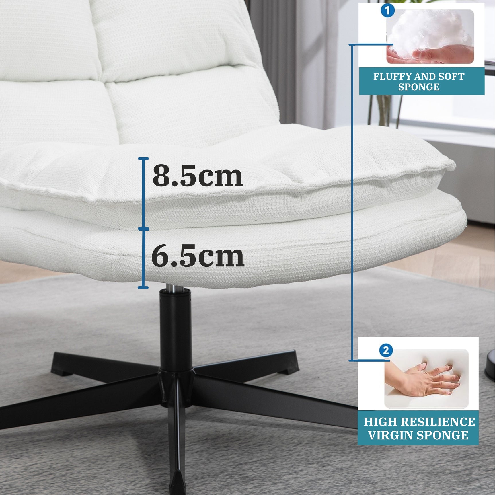 Foldable leisure armchair without armrests in white fabric, 360° swivel - AESTON