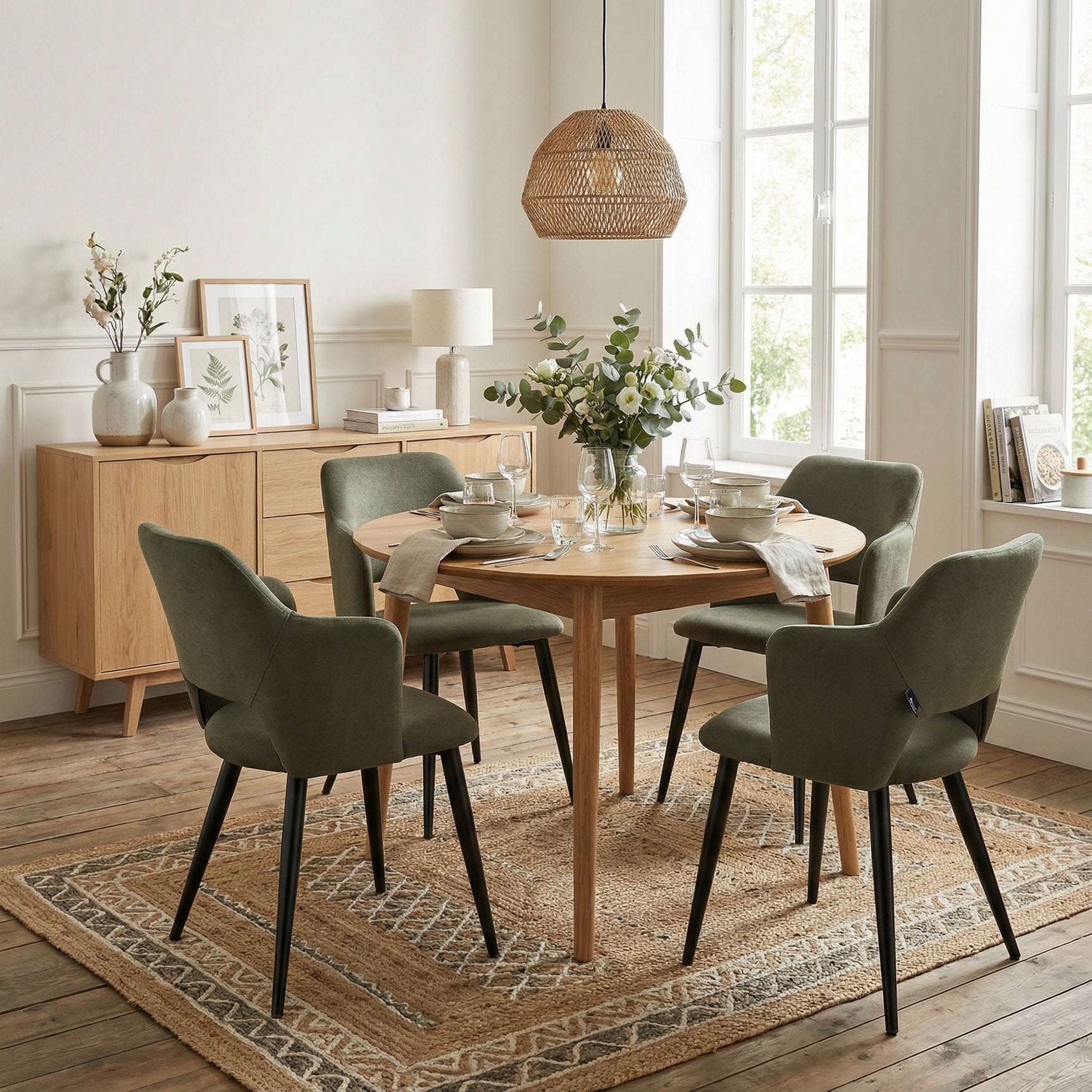 Lot de 4 chaises de salle à manger scandinaves avec accoudoirs en tissu résistant aux animaux et assise rembourré, vert - AKANJI CC